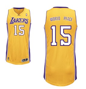 NBA Los Angeles Lakers 15 Metta World Peace Authentic Yellow Jerseys